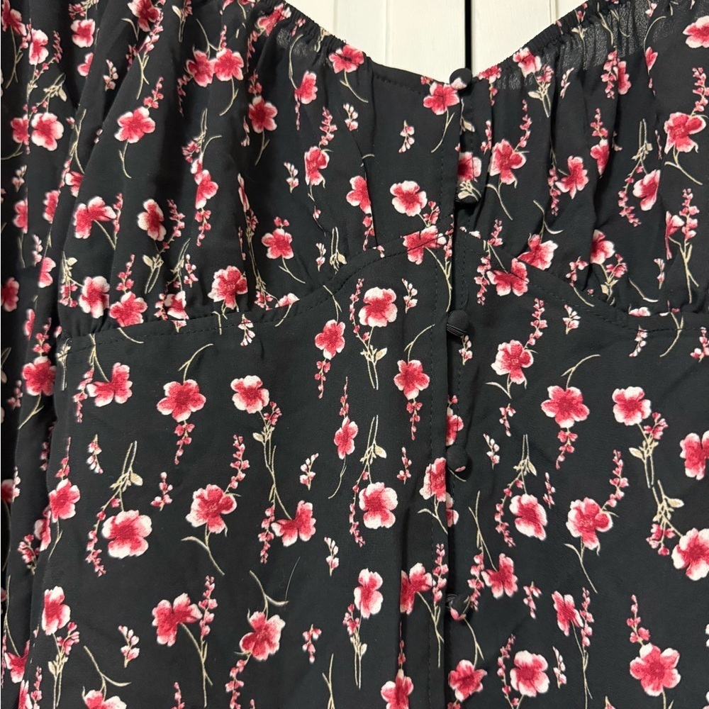 Y2K Trixxi Black Pink Dark Floral Blouse Button Down Baby Doll Coquette Medium - Picture 2 of 8